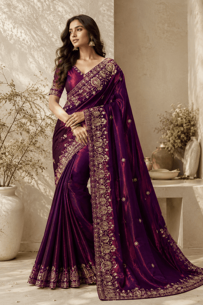 Royal Plum Zari Embroidered Silk Saree - Mayantiie