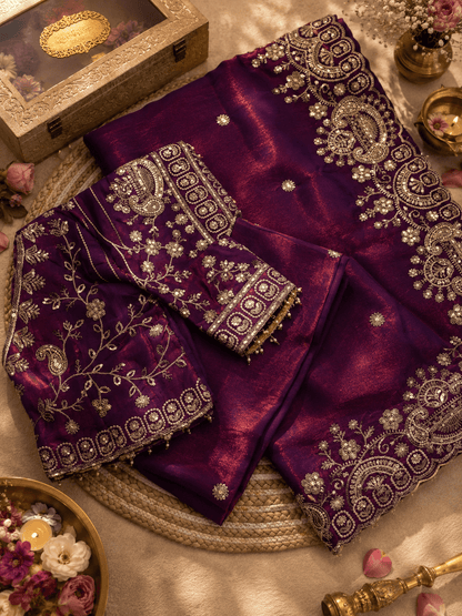 Royal Plum Zari Embroidered Silk Saree - Mayantiie