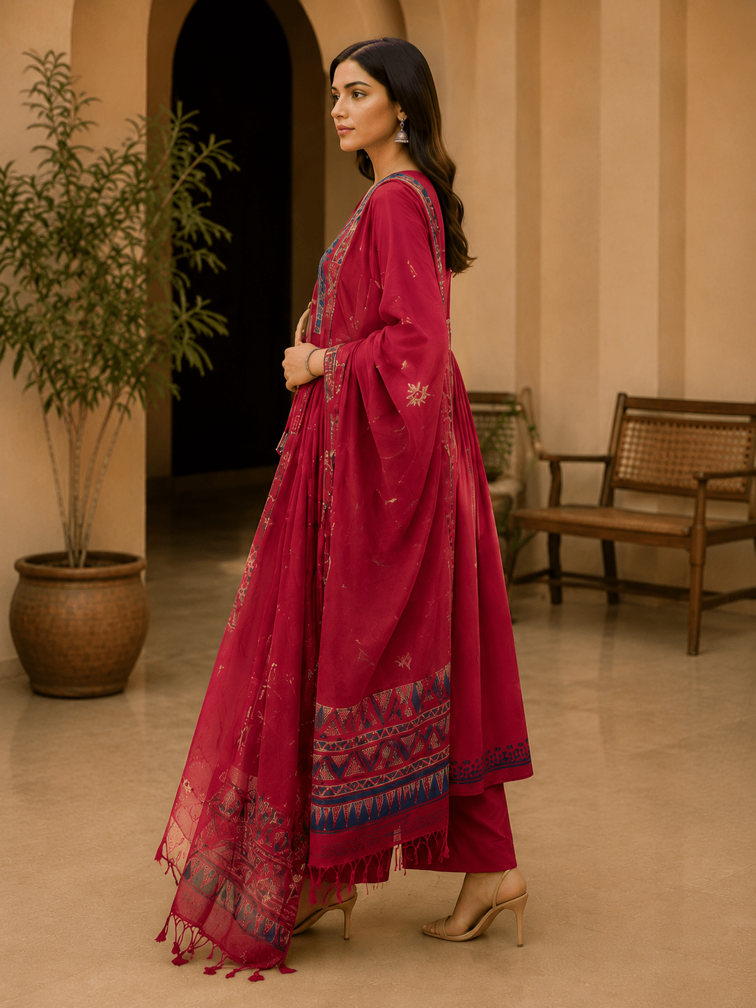 Ruby Red Hand Block Printed Anarkali Suit with Dupatta - Mayantiie