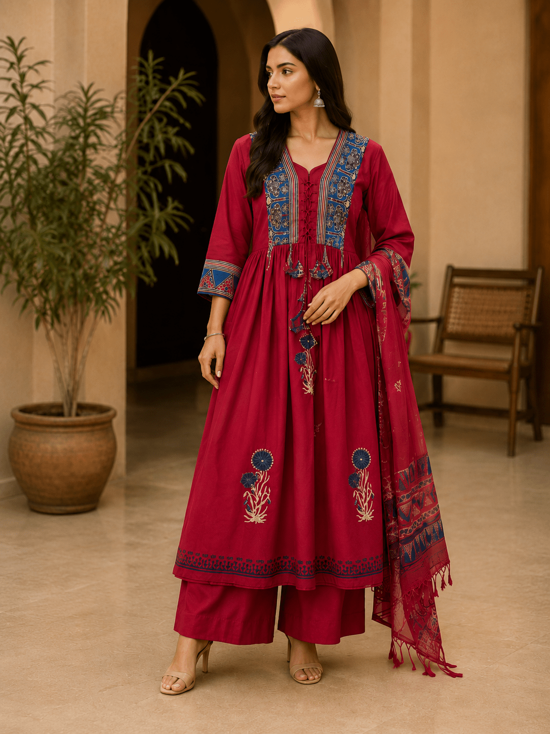 Ruby Red Hand Block Printed Anarkali Suit with Dupatta - Mayantiie