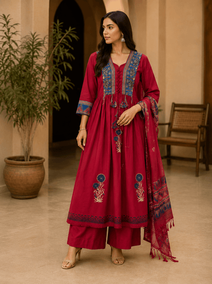 Ruby Red Hand Block Printed Anarkali Suit with Dupatta - Mayantiie