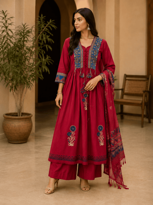 Ruby Red Hand Block Printed Anarkali Suit with Dupatta - Mayantiie