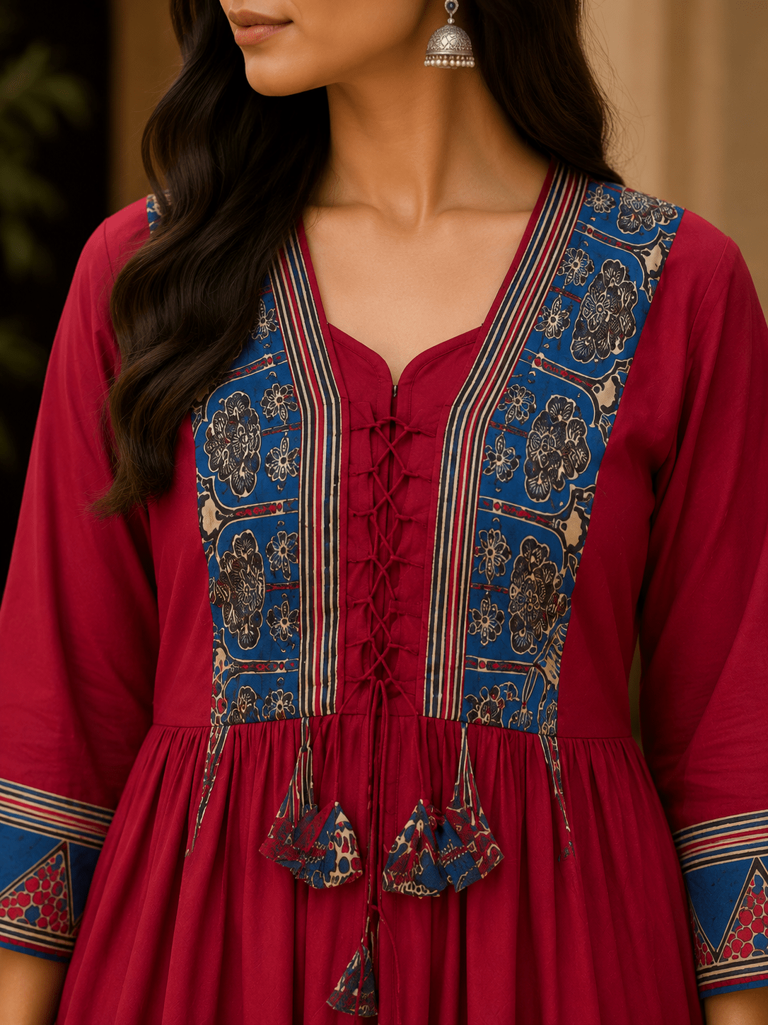 Ruby Red Hand Block Printed Anarkali Suit with Dupatta - Mayantiie