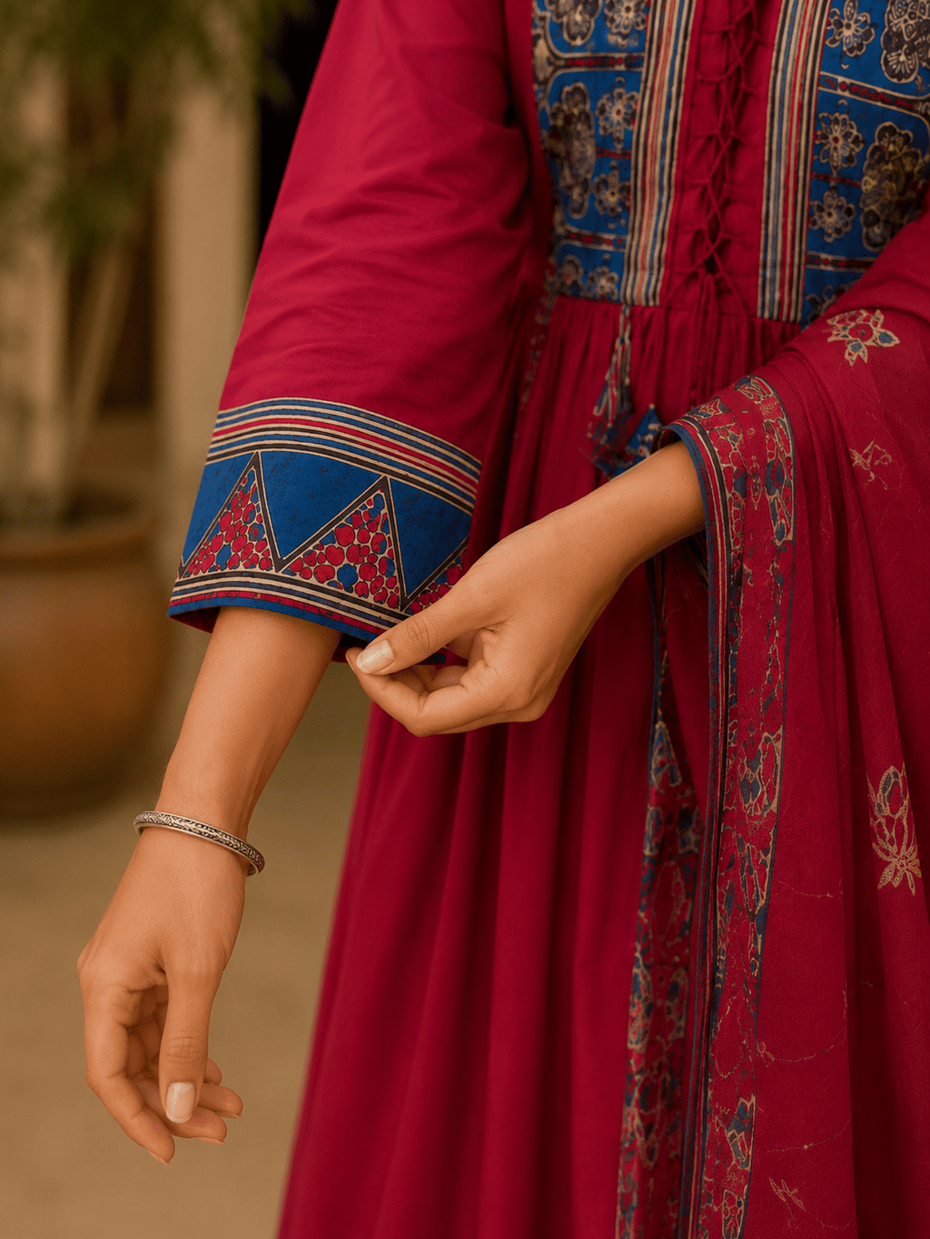 Ruby Red Hand Block Printed Anarkali Suit with Dupatta - Mayantiie