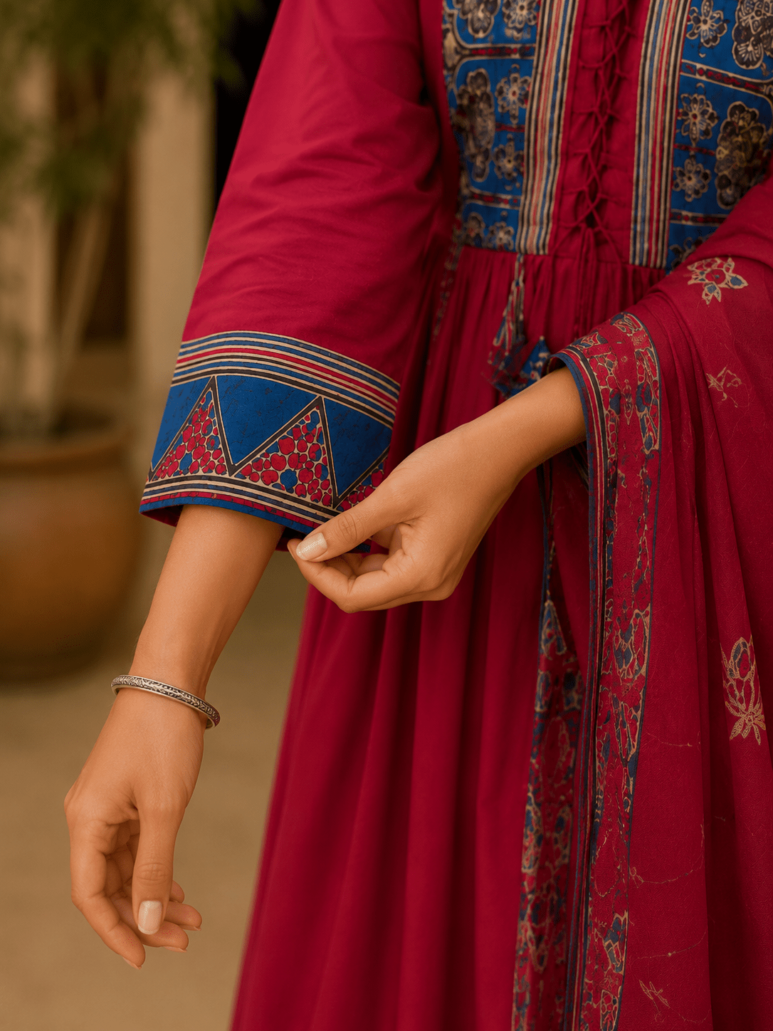 Ruby Red Hand Block Printed Anarkali Suit with Dupatta - Mayantiie