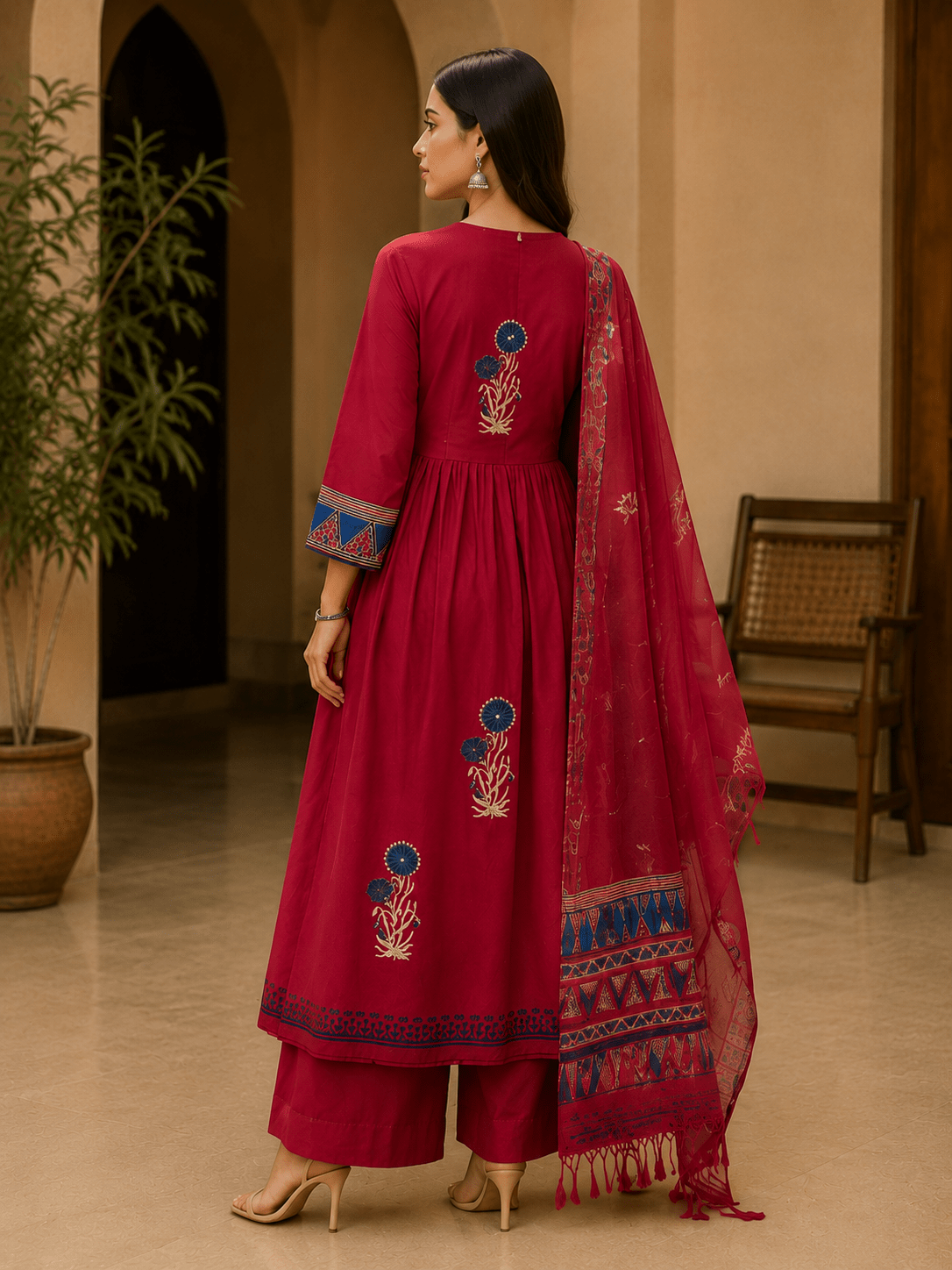 Ruby Red Hand Block Printed Anarkali Suit with Dupatta - Mayantiie