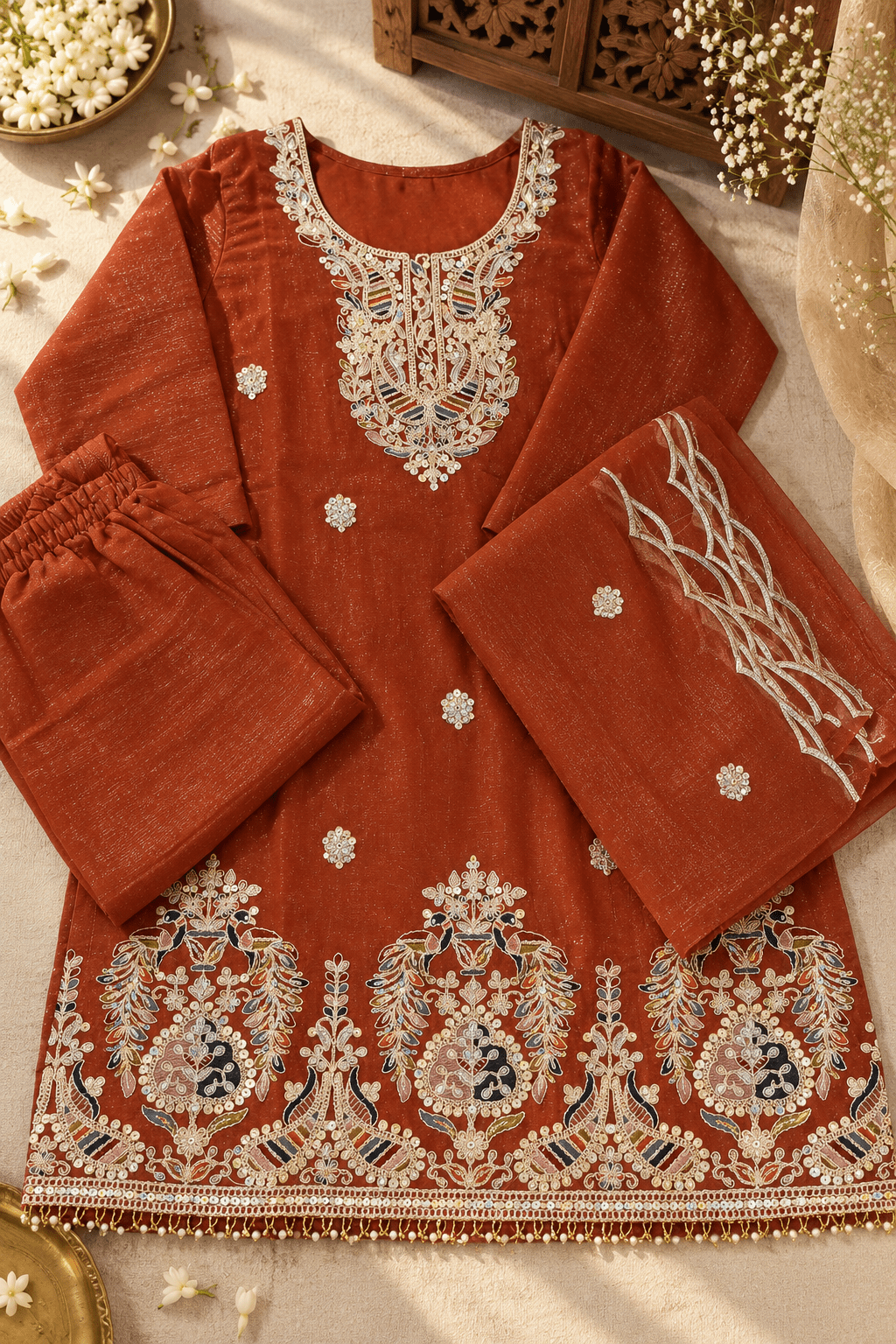 Rust Brown Embroidered Kurta Palazzo Set with Dupatta - Mayantiie