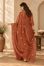 Rust Brown Embroidered Kurta Palazzo Set with Dupatta - Mayantiie