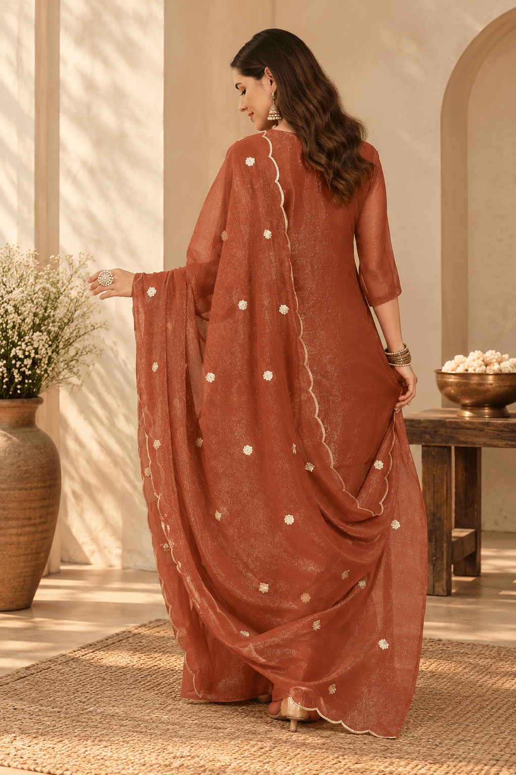 Rust Brown Embroidered Kurta Palazzo Set with Dupatta - Mayantiie