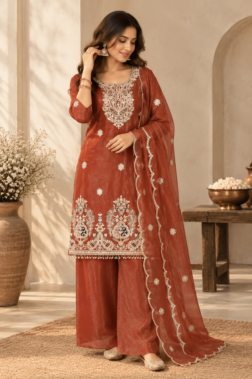 Rust Brown Embroidered Kurta Palazzo Set with Dupatta - Mayantiie