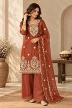 Rust Brown Embroidered Kurta Palazzo Set with Dupatta - Mayantiie