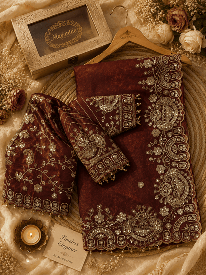 Rust Orange Zari & Sequin Embroidered Silk Saree - Mayantiie