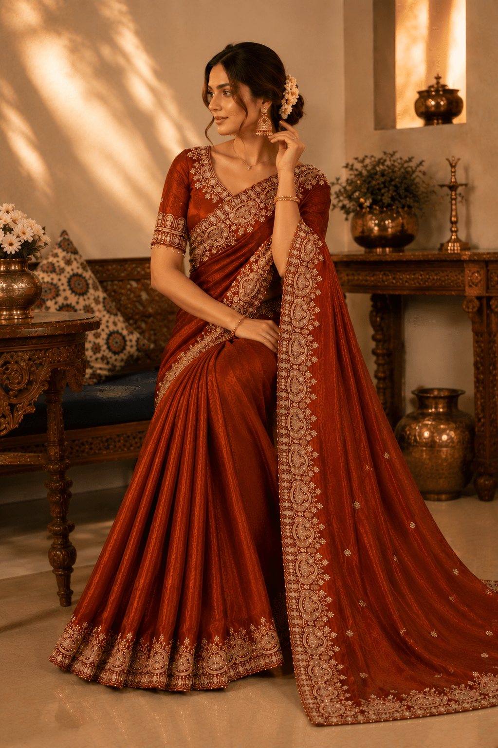 Rust Orange Zari & Sequin Embroidered Silk Saree - Mayantiie
