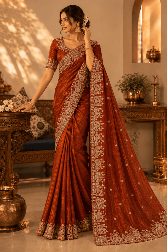 Rust Orange Zari & Sequin Embroidered Silk Saree - Mayantiie