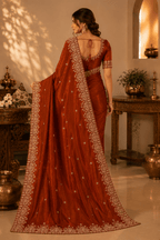 Rust Orange Zari & Sequin Embroidered Silk Saree - Mayantiie