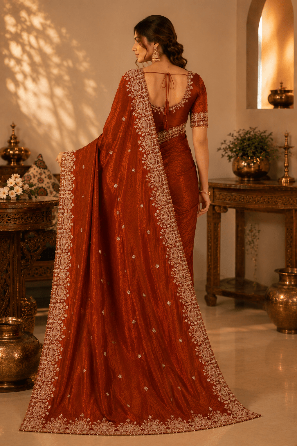 Rust Orange Zari & Sequin Embroidered Silk Saree - Mayantiie