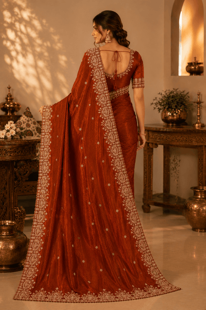 Rust Orange Zari & Sequin Embroidered Silk Saree - Mayantiie