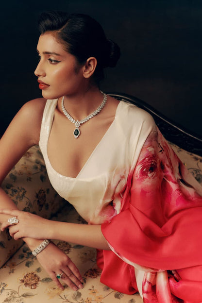 Scarlet Red Rose Ombre Printed Satin Saree - Mayantiie