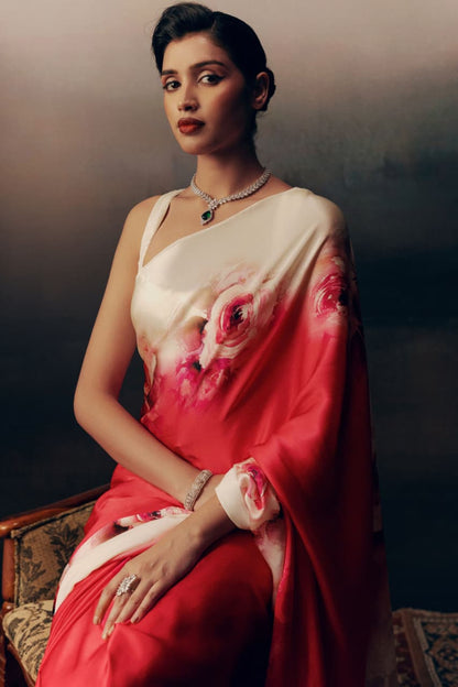 Scarlet Red Rose Ombre Printed Satin Saree - Mayantiie