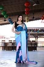 Vayra Blue & Black Satin Printed Saree - Mayantiie