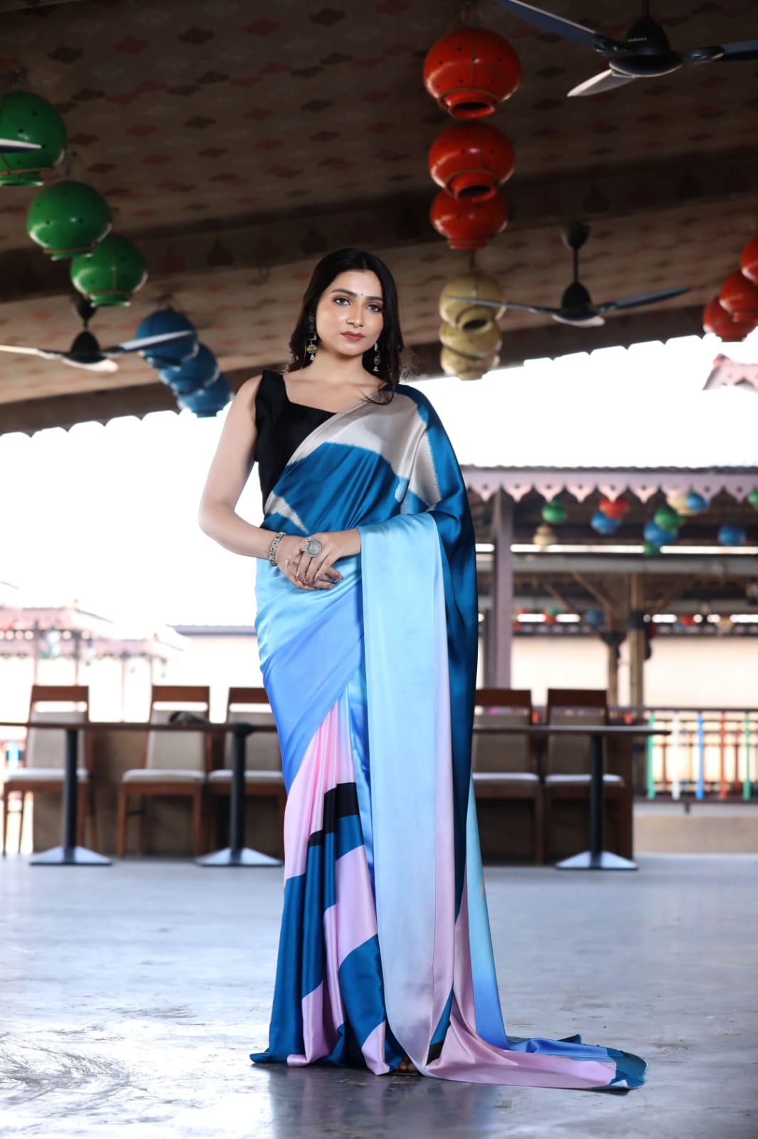 Vayra Blue & Black Satin Printed Saree - Mayantiie