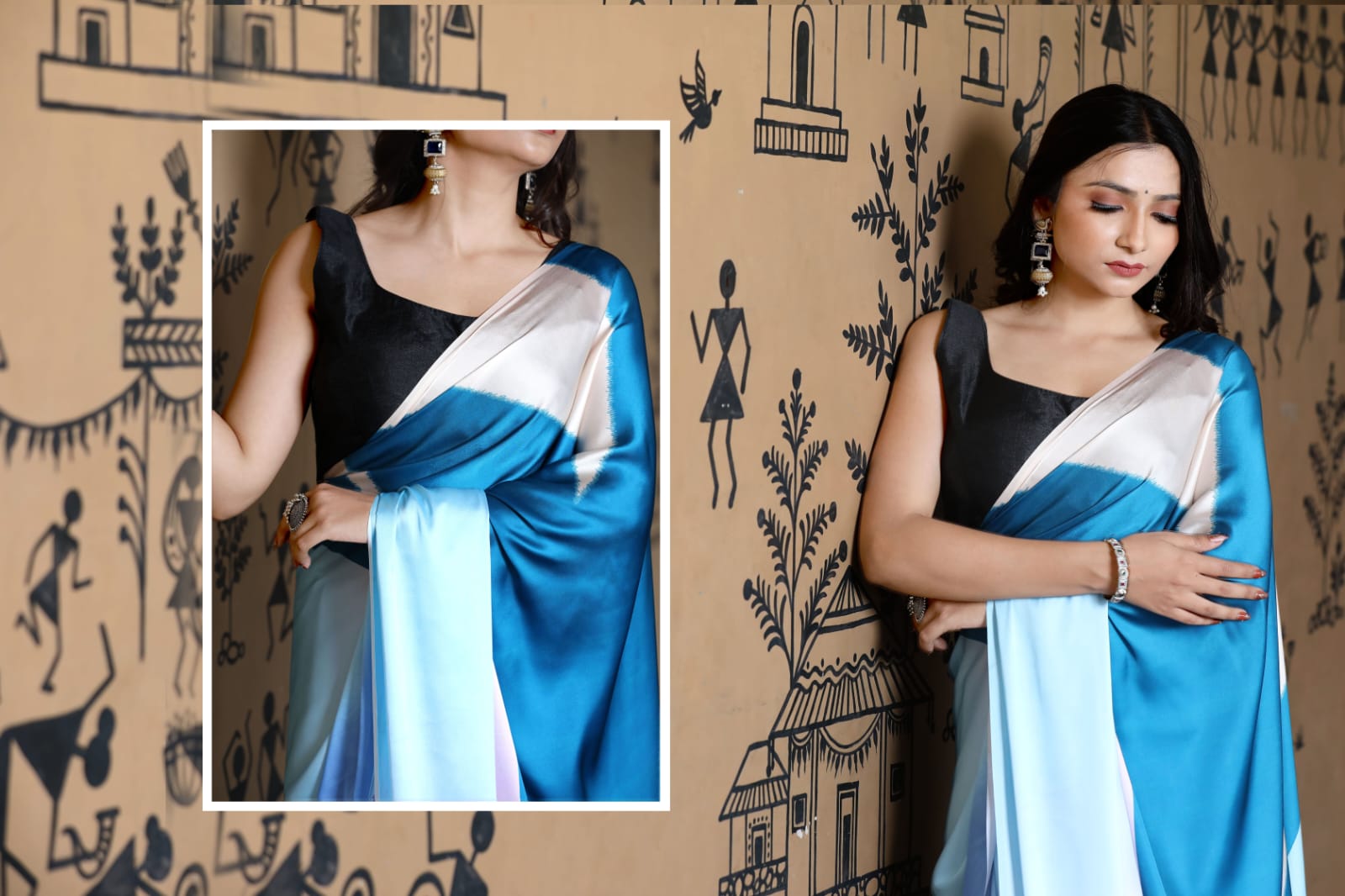 Vayra Blue & Black Satin Printed Saree - Mayantiie