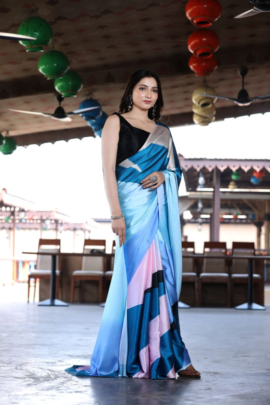 Vayra Blue & Black Satin Printed Saree - Mayantiie