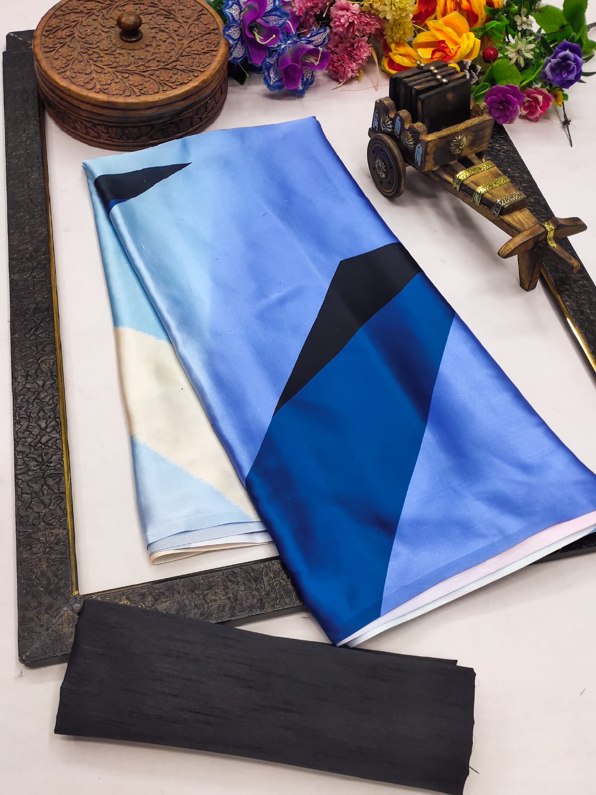 Vayra Blue & Black Satin Printed Saree - Mayantiie
