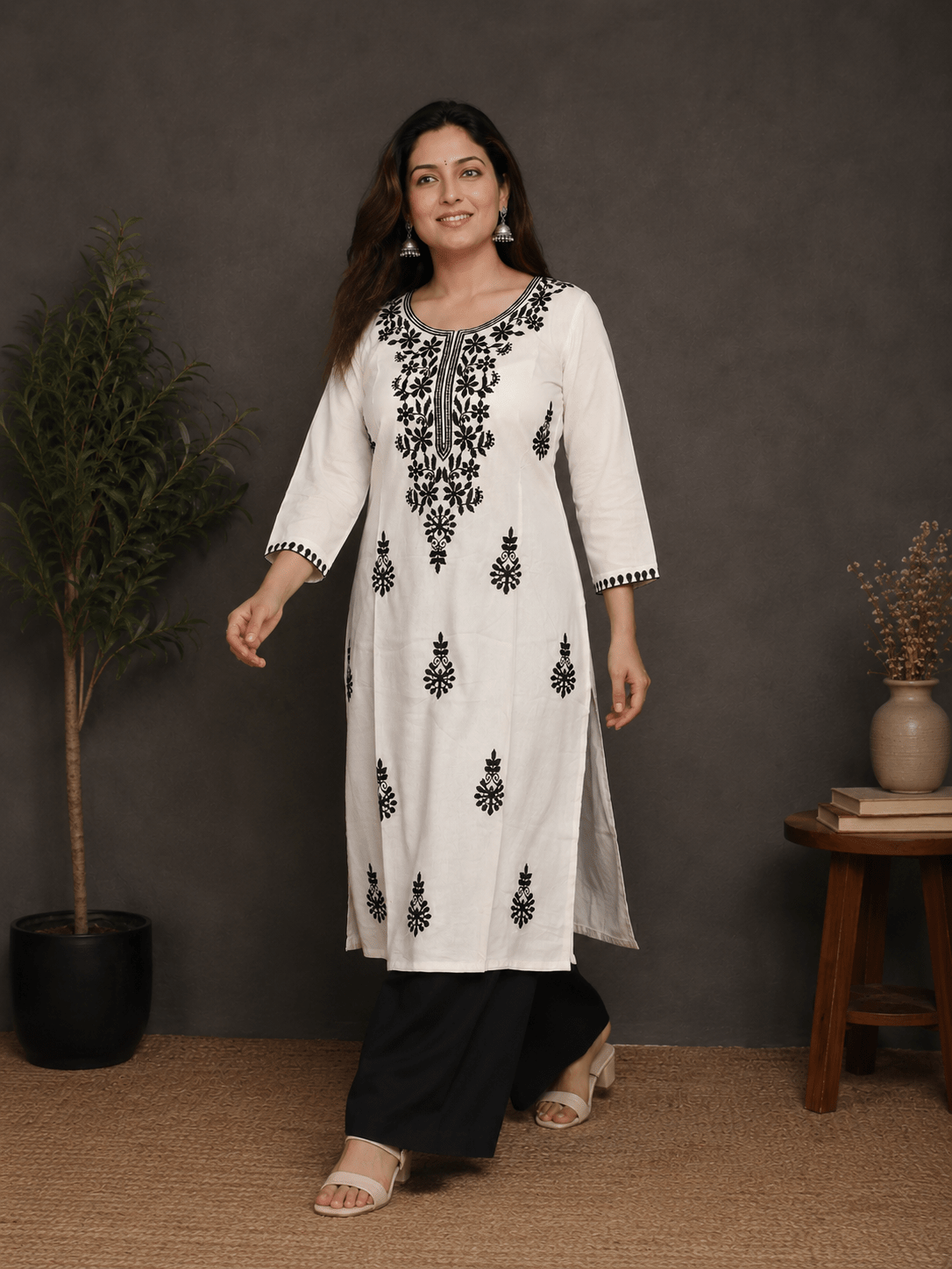 White Thread Embroidered Rayon Kurti - Mayantiie