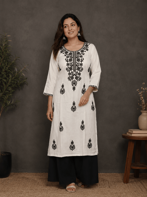 White Thread Embroidered Rayon Kurti - Mayantiie