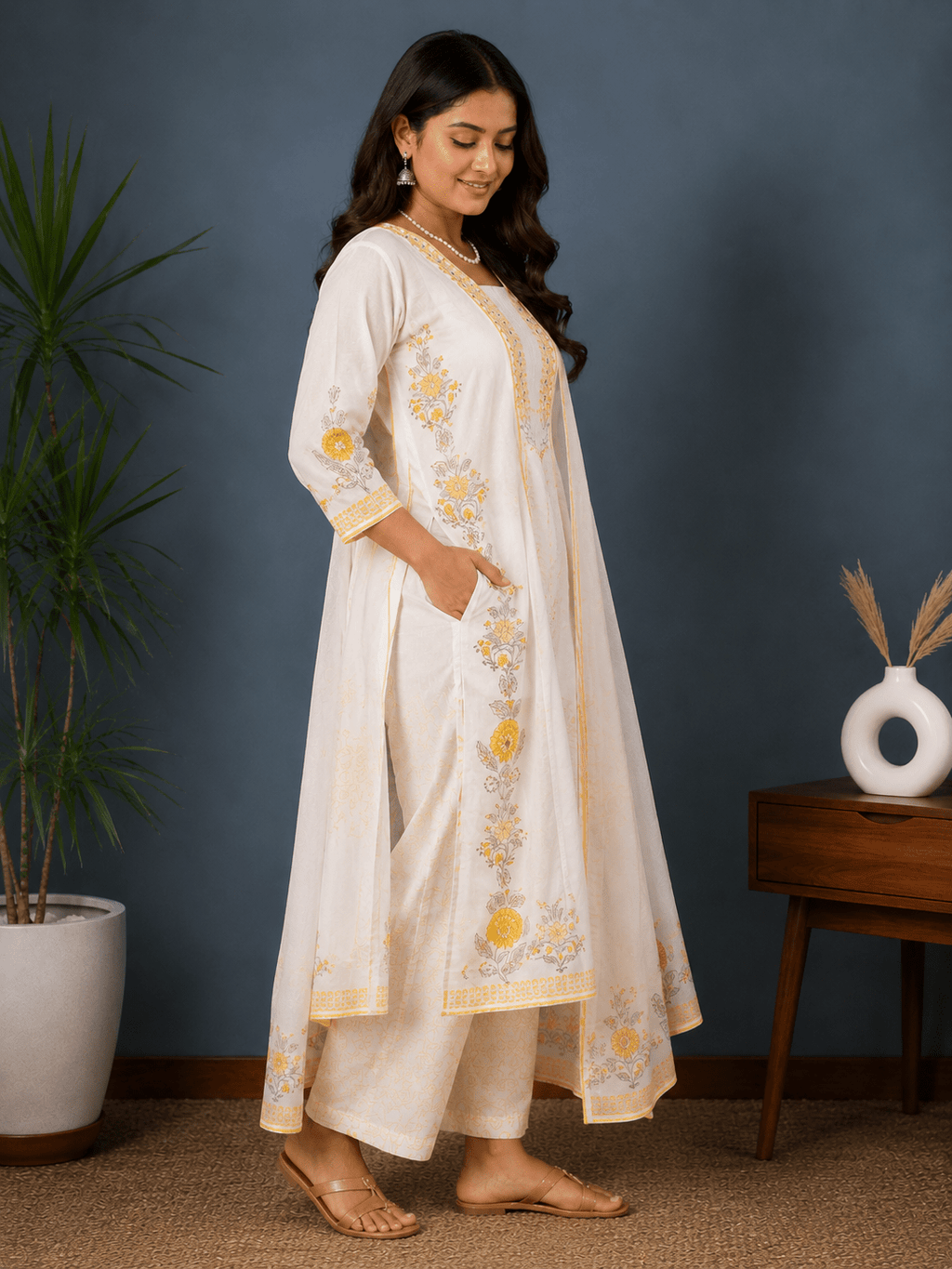 White & Yellow Premium Cotton Printed 3-Piece Suit Set with Dupatta - Mayantiie