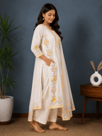 White & Yellow Premium Cotton Printed 3-Piece Suit Set with Dupatta - Mayantiie