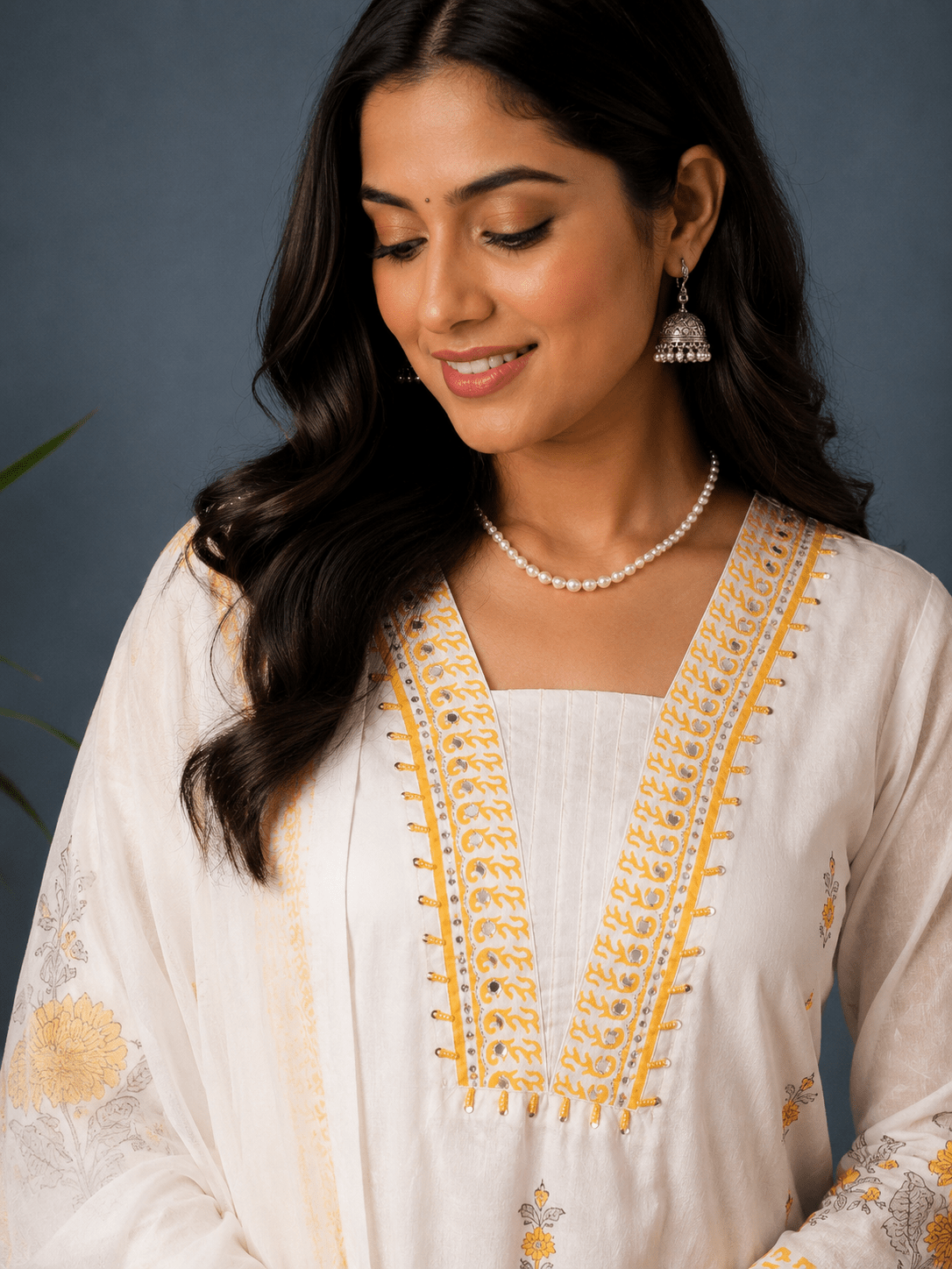 White & Yellow Premium Cotton Printed 3-Piece Suit Set with Dupatta - Mayantiie