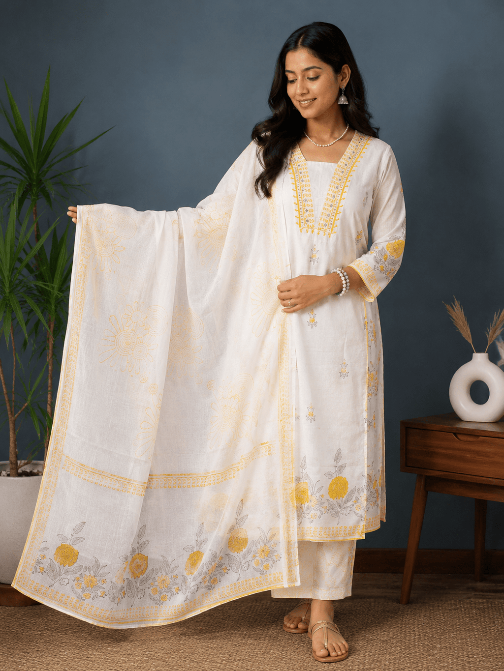 White & Yellow Premium Cotton Printed 3-Piece Suit Set with Dupatta - Mayantiie