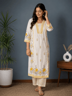 White & Yellow Premium Cotton Printed 3-Piece Suit Set with Dupatta - Mayantiie