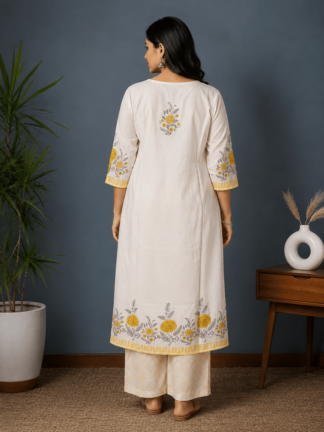 White & Yellow Premium Cotton Printed 3-Piece Suit Set with Dupatta - Mayantiie