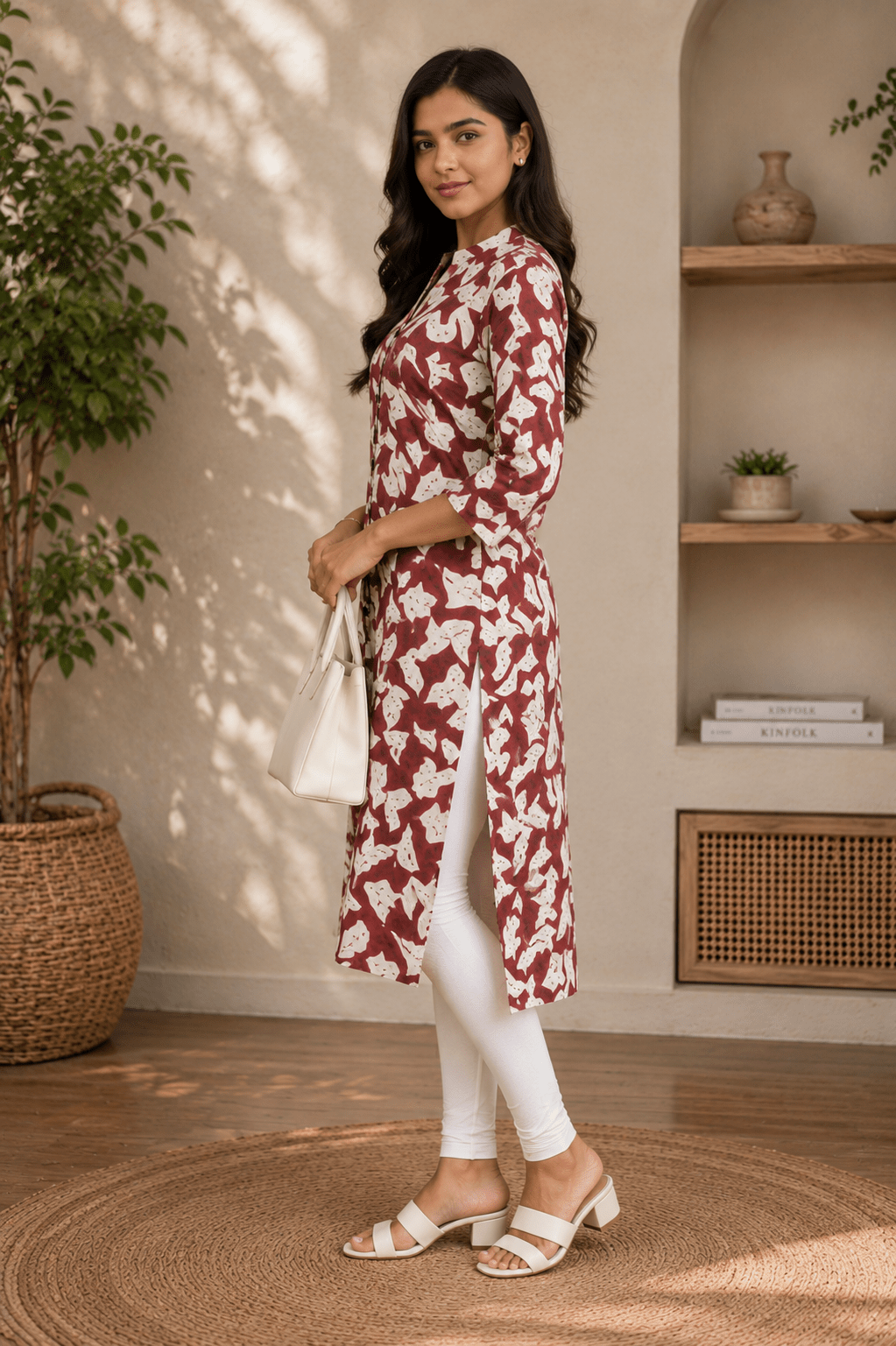 Rust Brown Abstract Floral Print Rayon Kurti for Women