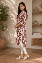 Rust Brown Abstract Floral Print Rayon Kurti for Women