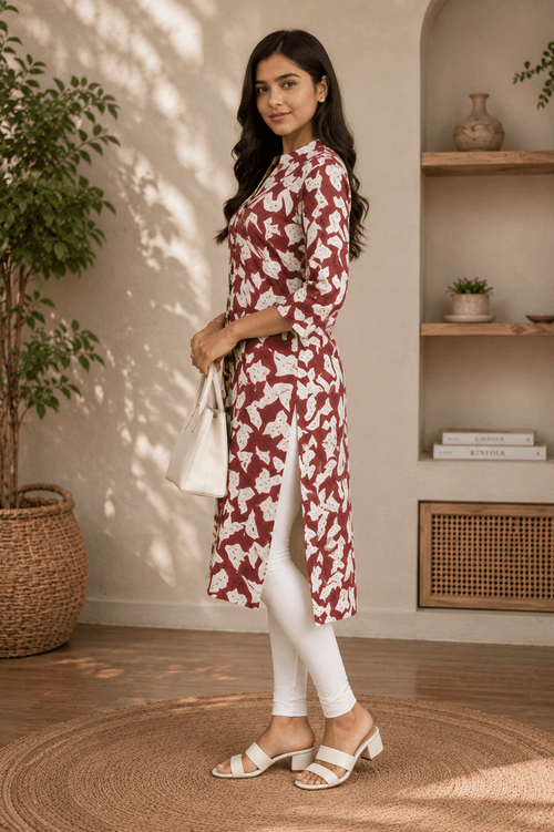 Rust Brown Abstract Floral Print Rayon Kurti for Women