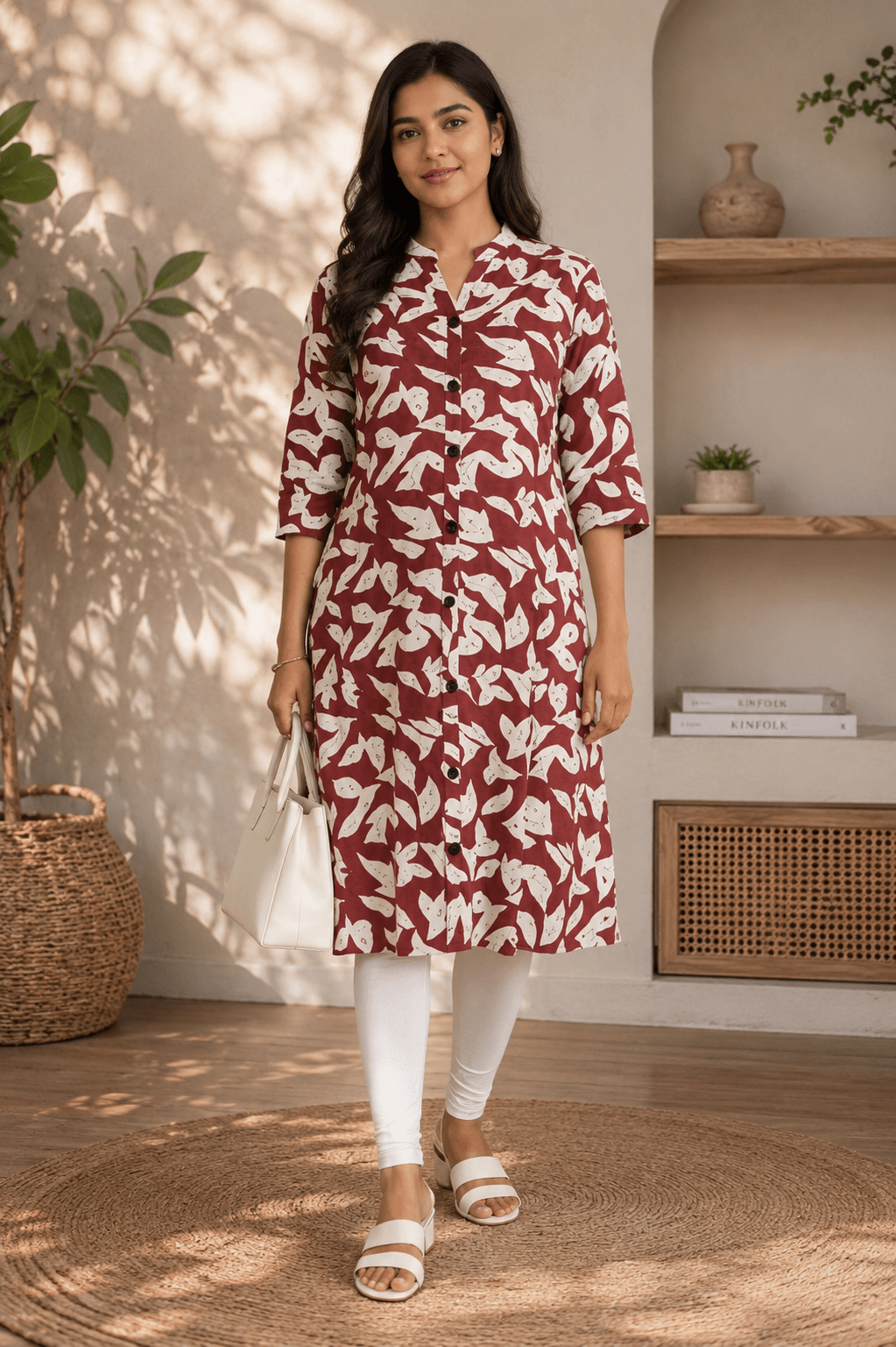 Rust Brown Abstract Floral Print Rayon Kurti for Women