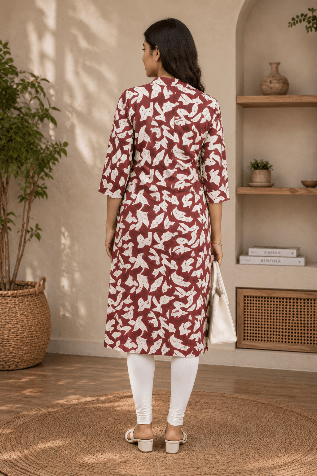 Rust Brown Abstract Floral Print Rayon Kurti for Women