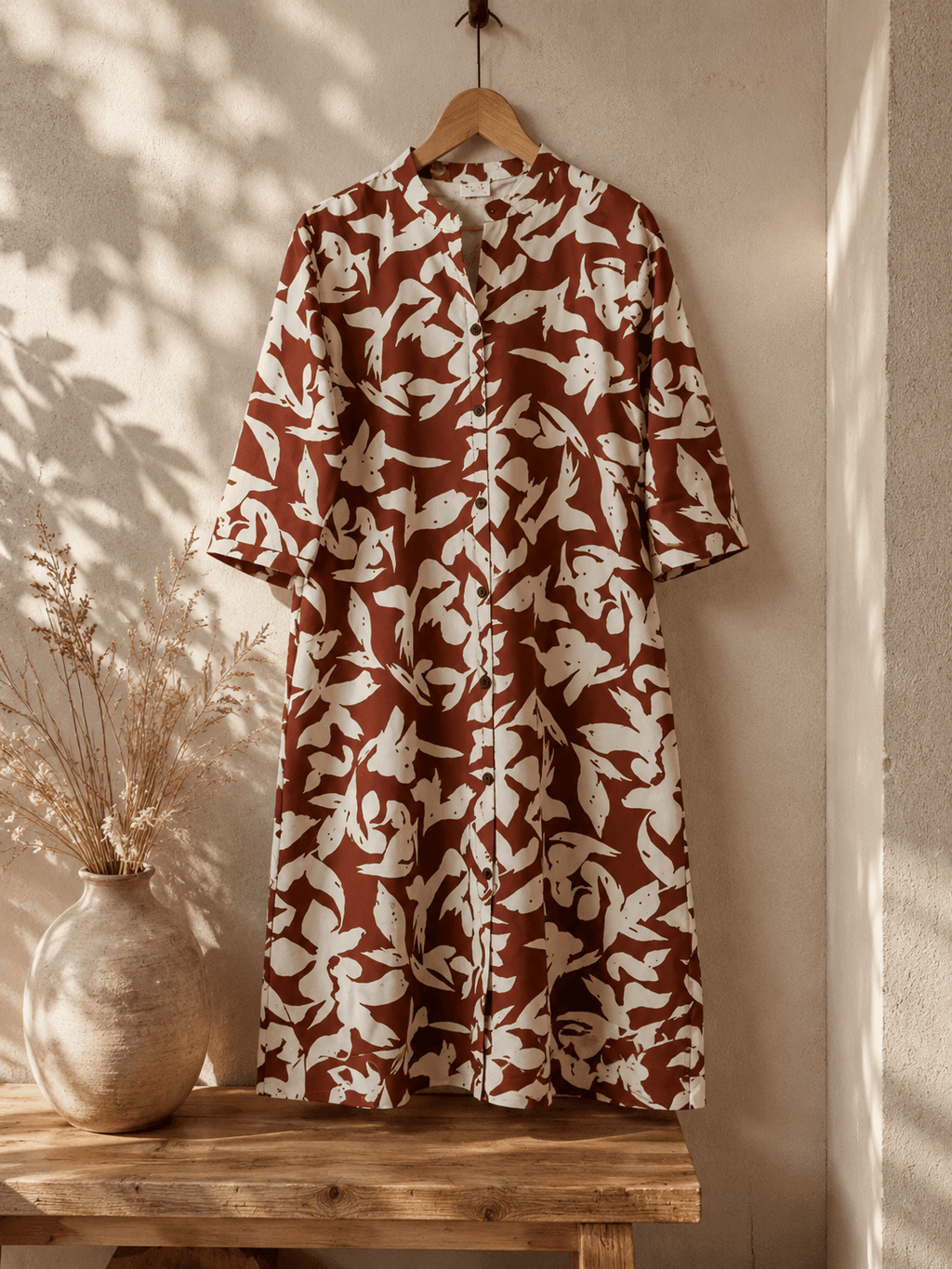 Rust Brown Abstract Floral Print Rayon Kurti for Women