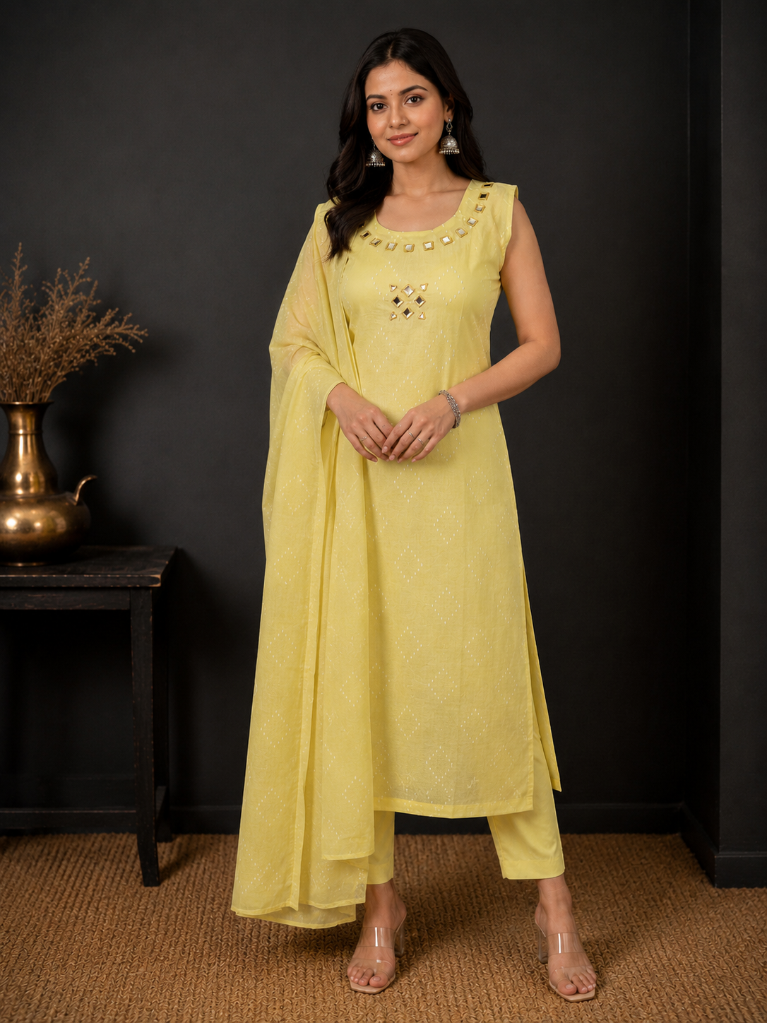 Yellow Premium Cotton Kurti Pant Set with Dupatta