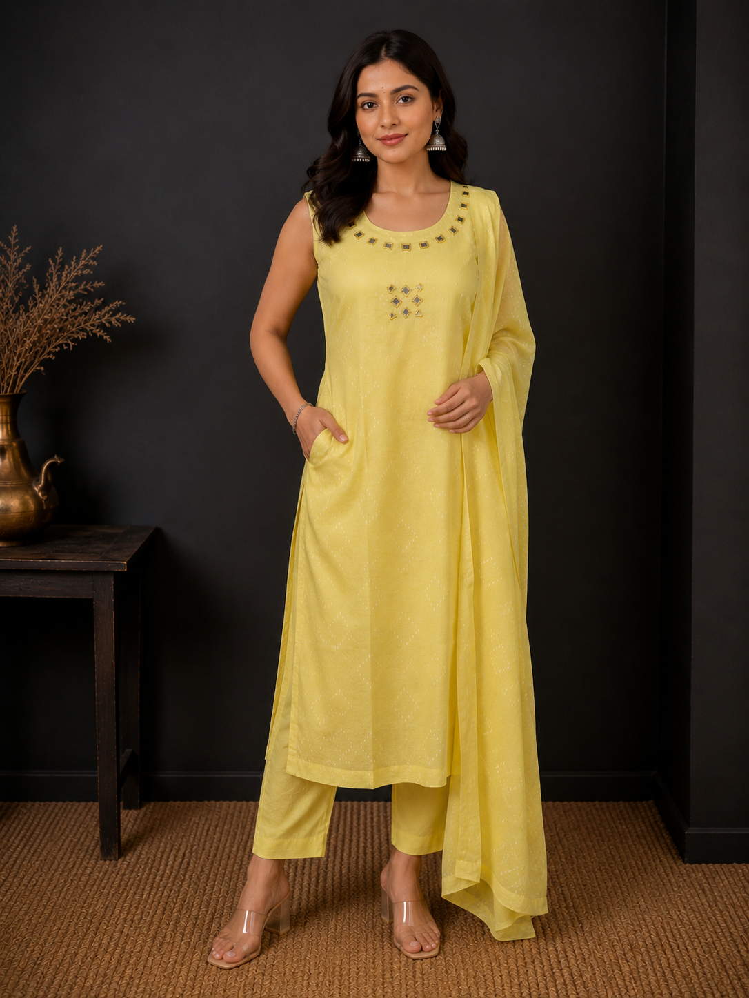 Yellow Premium Cotton Kurti Pant Set with Dupatta