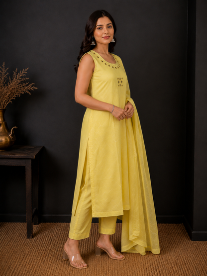 Yellow Premium Cotton Kurti Pant Set with Dupatta