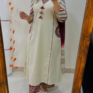 Mayantiie Off White Premium Cotton Embroidered Kurti Set