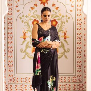 Midnight Garden Japanese Satin Saree