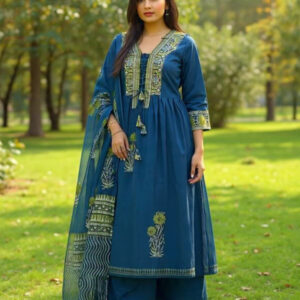 Mayantiie Royal Blue Handblock Anarkali Set